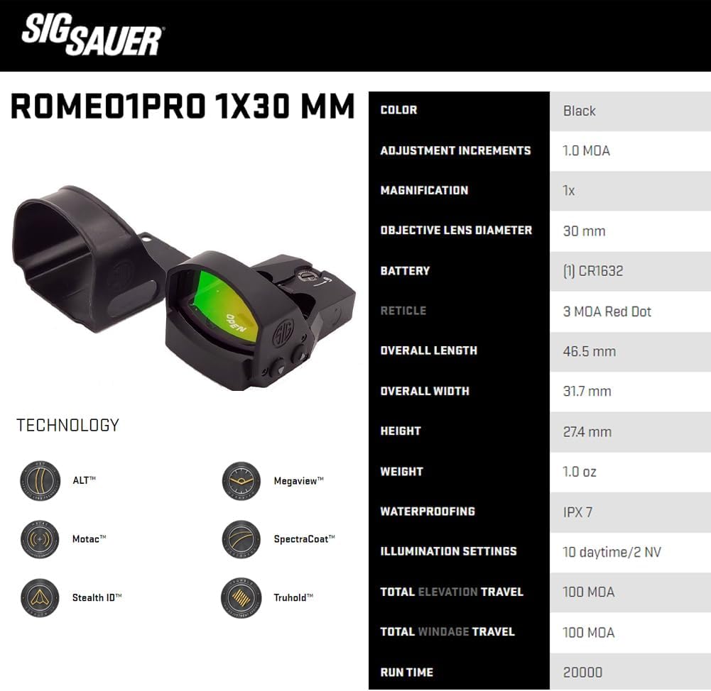 Sig Sauer ROMEO1PRO 1x30mm 3 MOA Red Dot Sight | Durable Fogproof Waterproof Corrosion-Resistant Compact Open Reflex Sight with Protective Shroud