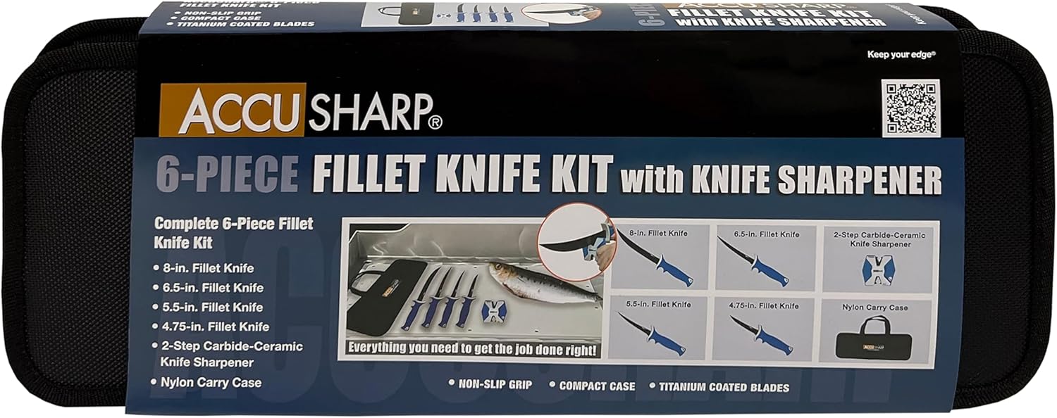 ACCUSHARP Fillet & Bait Knife Kit with 4 Fillet Knives, Knife Sharpener & Knife Case, 420 Stainless Steel Knives, 6-Piece Lightweight Fishing Tool Set with Non-Slip Handle & Durable Storage Bag