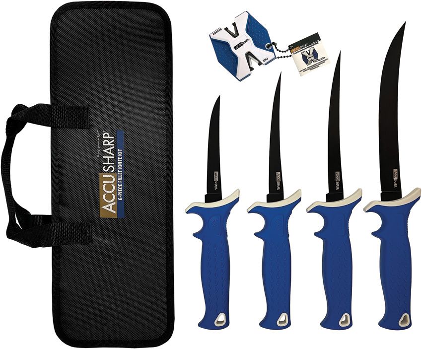 ACCUSHARP Fillet & Bait Knife Kit with 4 Fillet Knives, Knife Sharpener & Knife Case, 420 Stainless Steel Knives, 6-Piece Lightweight Fishing Tool Set with Non-Slip Handle & Durable Storage Bag