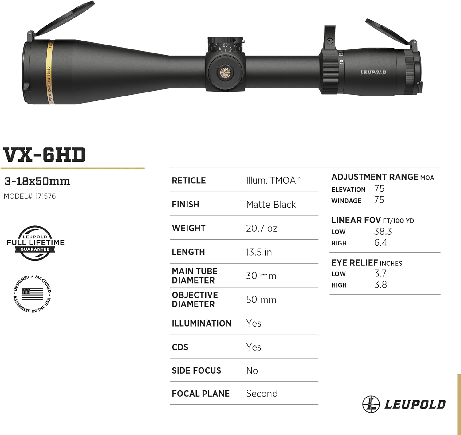 Leupold VX-6HD 3-18x50 illum. T-MOA CDS-ZL2 Side Focus SFP Scope 171576