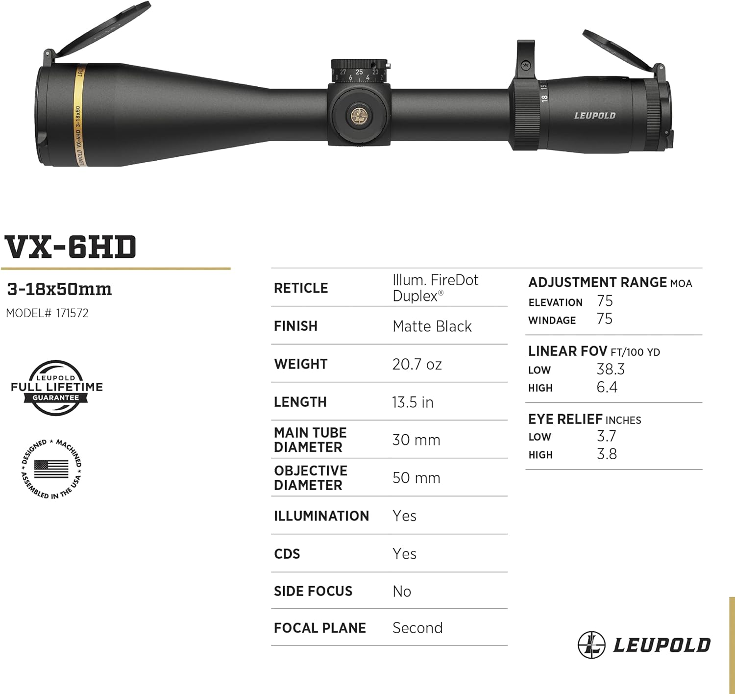 Leupold VX-6HD 3-18x50mm FireDot Duplex Scope 171572