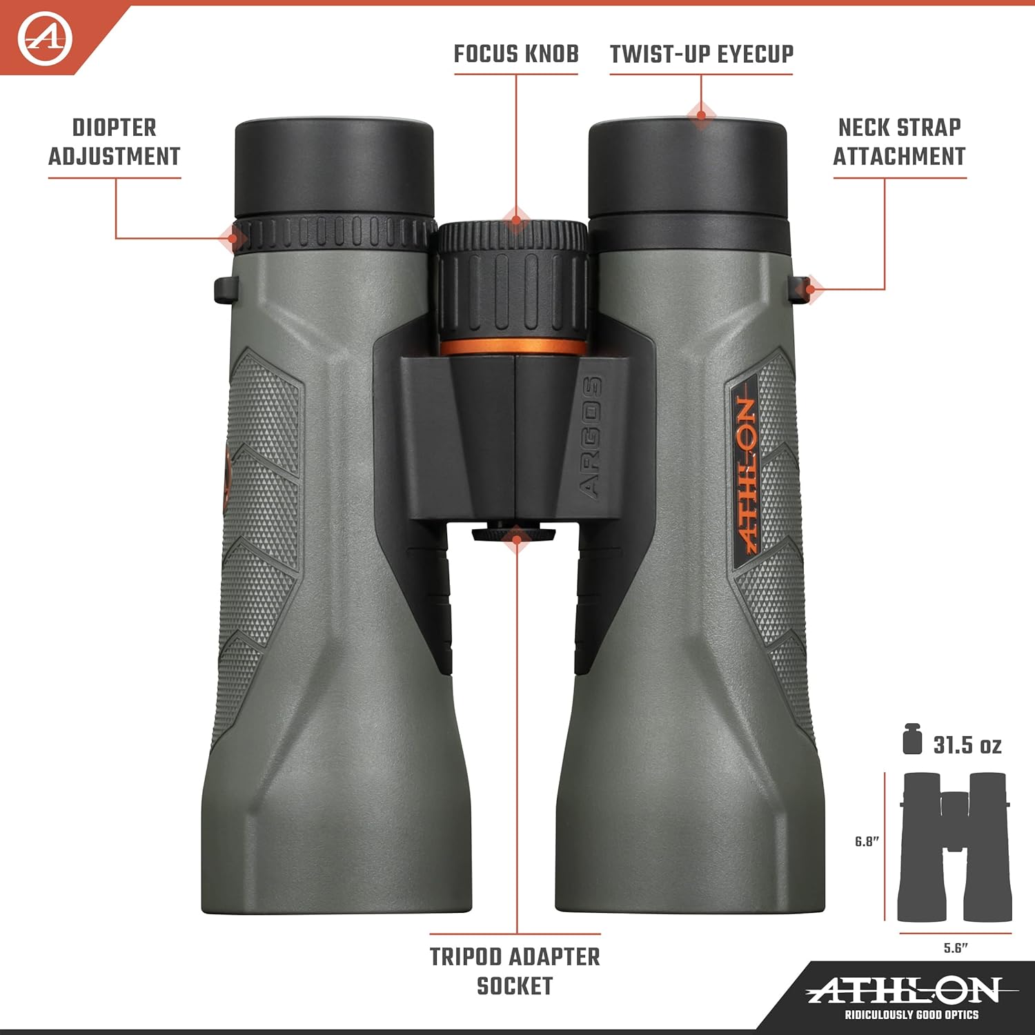 Athlon Optics 12x50 Argos G2 HD Gray Binoculars with Eye Relief , High-Powered Binoculars for Hunting, Birdwatching, and More