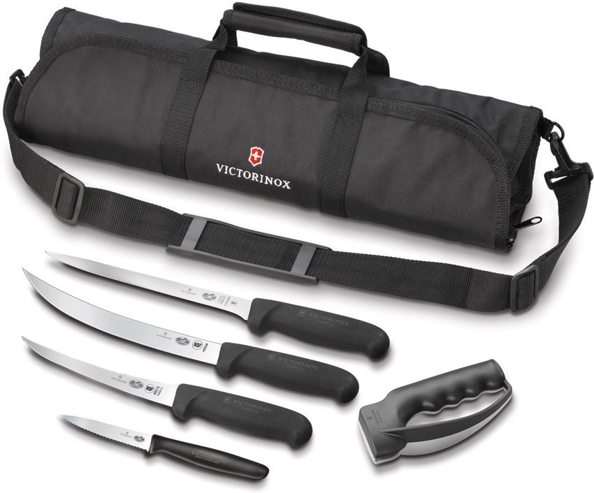 Victorinox Fibrox Fish Fillet 6 Piece Kit Includes Sharpener and Cutlery Roll, Black