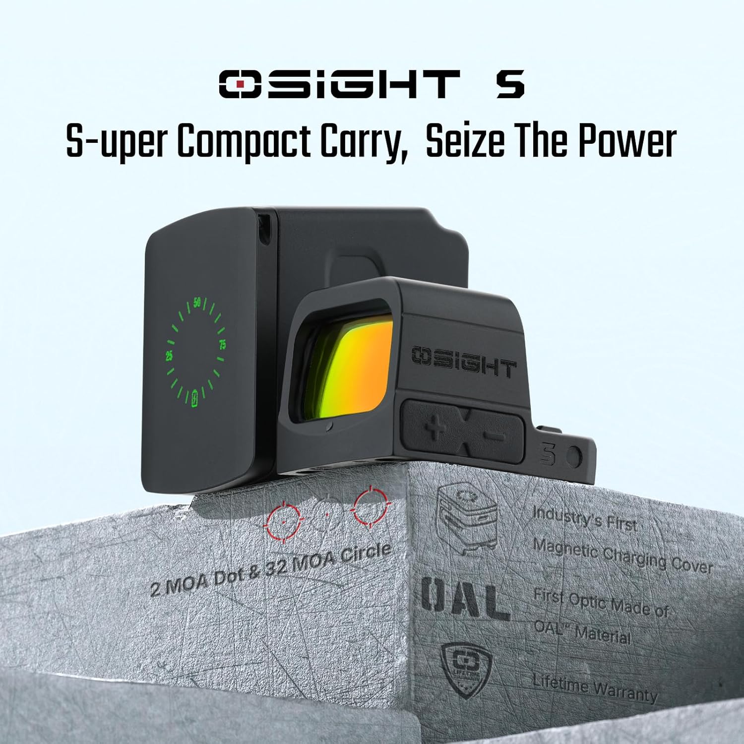 OSIGHT S Multi-Reticle Micro Enclosed Sight with Charging Cover, 2 MOA Dot & 32 MOA Circle for RMSc Footprint, Parallax-Free Durable Reflex Sights (Red Dot)